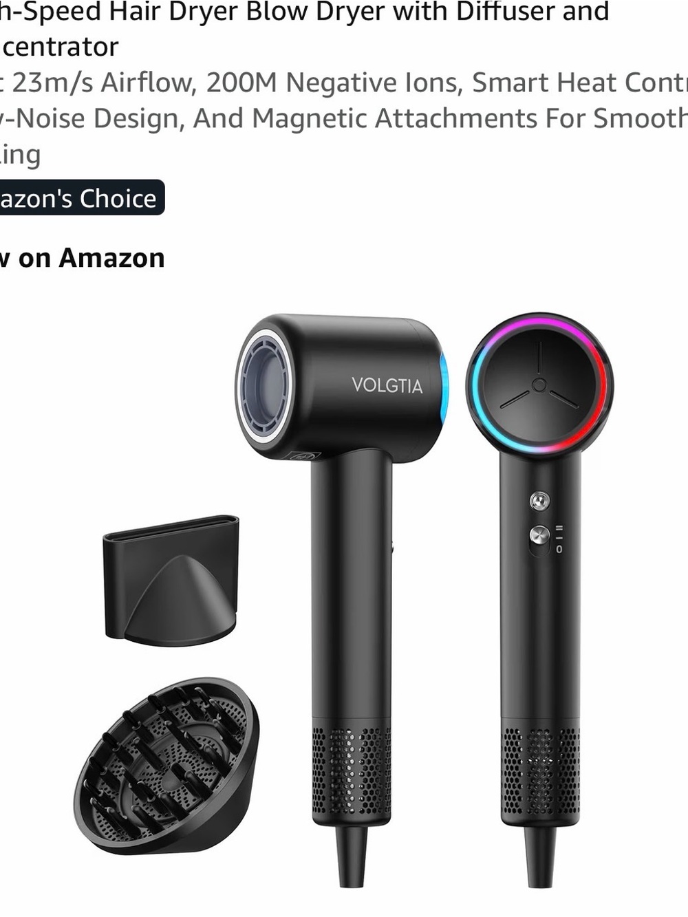 VOLGTIA Matte Black High-Speed Hair Dryer with Diffuser